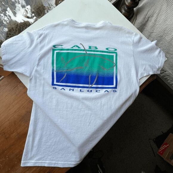 Vintage Cabo San Lucas Shark Graphic Tee White T-Shirt Large Made in Mexico - Picture 6 of 8